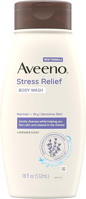 Aveeno Stress Relief Body Wash with Nourishing Oat & Lavender Scent for Sensitive Skin, Gently Cleanses & Helps You Feel Calm & Relaxed in the Shower, Soap-Free, 18 fl oz