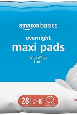 Amazon Basics Thick Maxi Pads with Wings for Periods - Overnight Absorbency, Unscented, Size 4, 28 Count (Previously Solimo)