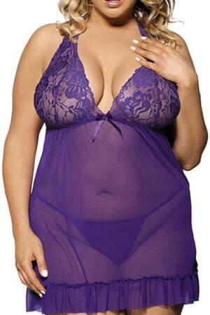 Women's Plus Size Babydoll Lingerie Sexy Sheer Mesh Chemise Nightgown Lace Halter Dress Nightdress
