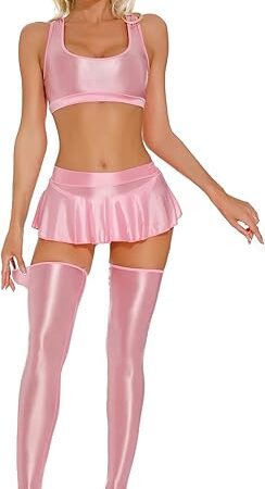 Women's Glossy Lingerie Outfits Highly Elastic Crop Tops with Skirts and Thigh High Stockings