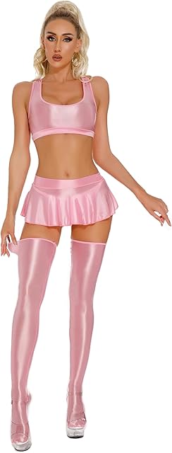 Women's Glossy Lingerie Outfits Highly Elastic Crop Tops with Skirts and Thigh High Stockings