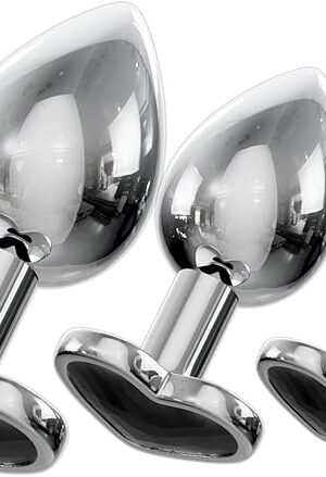 Jewelled Butt Plugs by bed geek Stainless Smooth Metal Anal Plug Adult Sex Toys Velvet Bags 3 Size Pack (Heart Black)