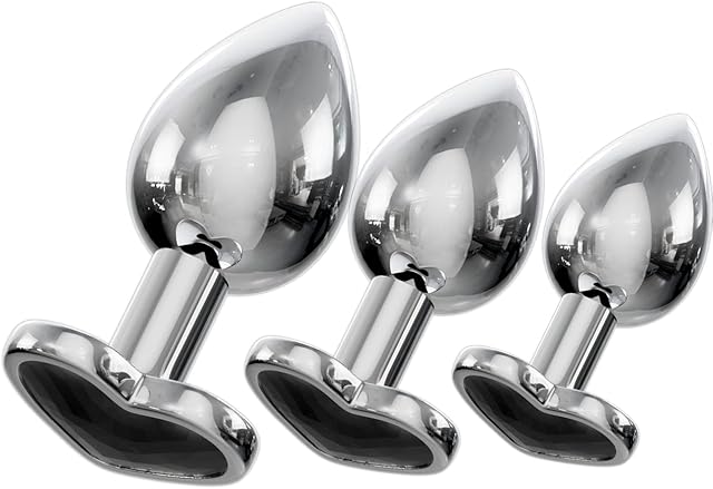 Jewelled Butt Plugs by bed geek Stainless Smooth Metal Anal Plug Adult Sex Toys Velvet Bags 3 Size Pack (Heart Black)