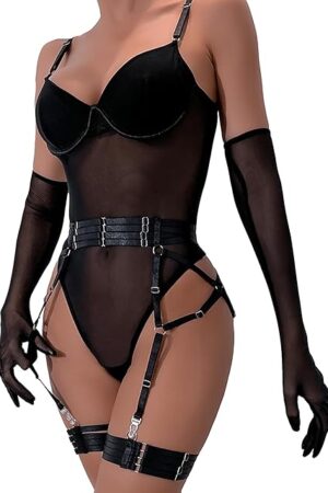 Womens Sexy Sheer Mesh Garter Lingerie Set, Snap Crotch Bodysuit 5 Pc with Belt and Gloves
