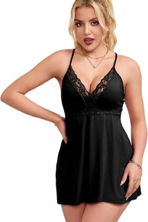 Women's Sexy V-Neck Backless Babydoll Lingerie Dress Plus Size Stretchy Modal Sleepwear with Removable Pads