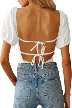 Women's Sexy Backless Puff Sleeve Square Neck Tie Back Bodysuit Tops