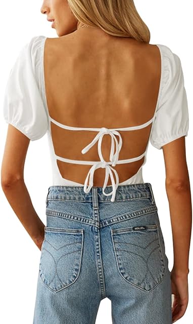 Women's Sexy Backless Puff Sleeve Square Neck Tie Back Bodysuit Tops