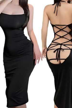 Deep V Halter Neck Backless Dresses for Women Sexy Lingerie Night Club Outfit Party Bodycon