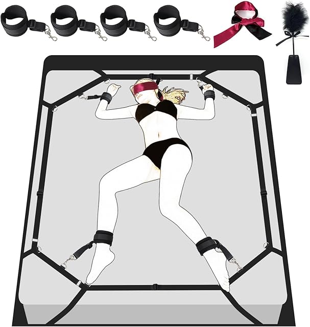 BDSM Bed Restraint Bondage Adult Play Sex Toy - with Handcuffs, Premium Material Sex Straps Restraints Adjustable Length No Need of Helping 1 Minutes Quick Installation