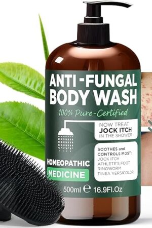 Antifungal Body Wash with Tea Tree Oil | Antibacterial Soap for Back Acne,Treats Ringworm, Eczema & Jock Itch | Antibacterial Body Soap For Men And Women | Includes Silicon Scrubber (16.9 oz)