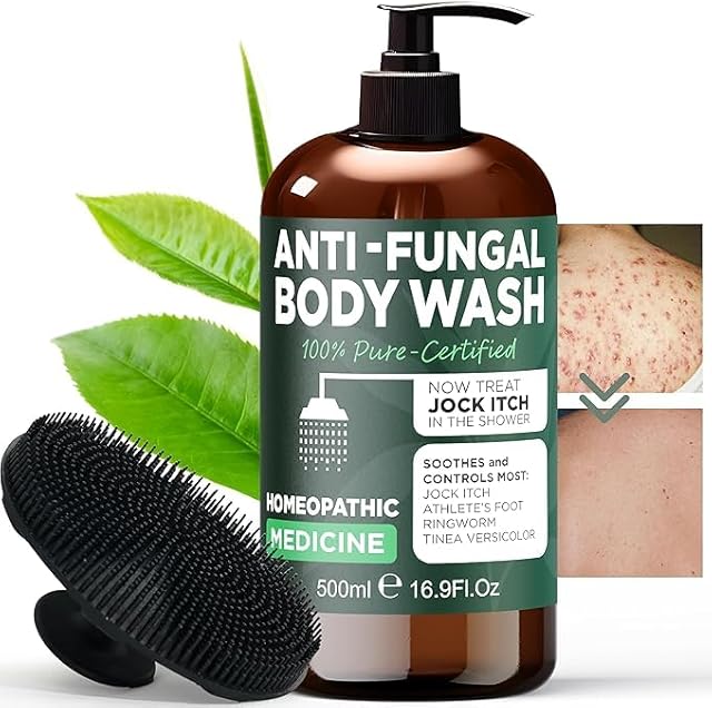 Antifungal Body Wash with Tea Tree Oil | Antibacterial Soap for Back Acne,Treats Ringworm, Eczema & Jock Itch | Antibacterial Body Soap For Men And Women | Includes Silicon Scrubber (16.9 oz)