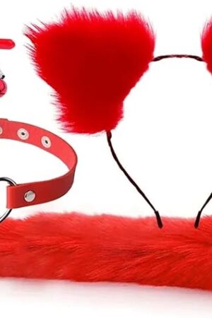 4Pcs/Set Fox Tail Butt Plugs Women Anal Sex Toys Nipple Clamps Necklace Plush Cat Ear Headband Set Sex Toys for Couples(Red)