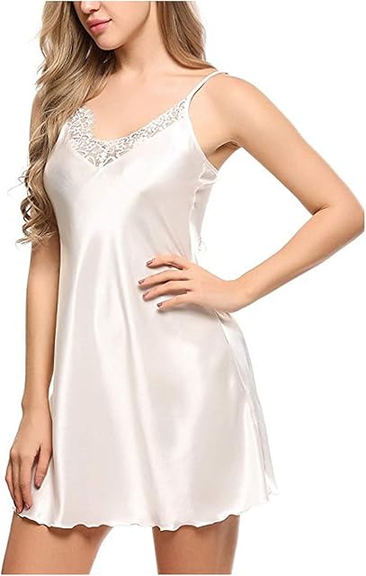 Women Sexy Lace Trim Nightgown Soft V Neck Satin Lingerie Sleepwear Chemise Negligee Spaghetti Strap Silk Nightwear
