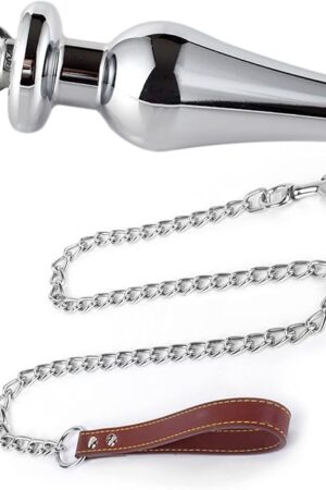 Anal Butt Plug Stainless Steel Hollow Anus Plug with Leash Chain Dilator Expender Cleansing Stimulation Masturbation Training BDSM Bondage Sex Toy (Brown)