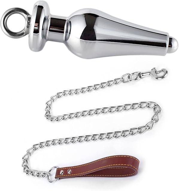 Anal Butt Plug Stainless Steel Hollow Anus Plug with Leash Chain Dilator Expender Cleansing Stimulation Masturbation Training BDSM Bondage Sex Toy (Brown)