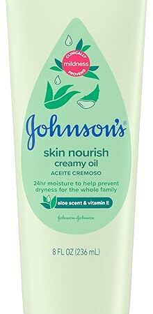 Johnson's Skin Nourish Creamy Oil, Aloe Scent & Vitamin E, Creamy Oil Helps Prevent Dryness & Moisturizes Baby's Delicate Skin for 24 Hours, Hypoallergenic & Non-Greasy, 8 fl oz
