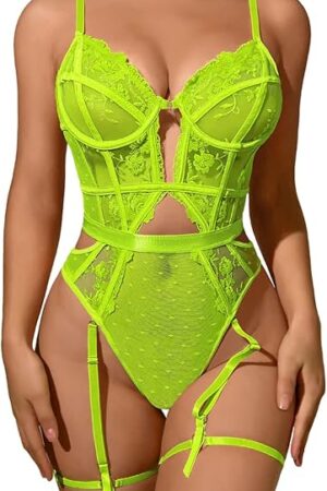 Floral Embroidered, Underwire, Removable Garter, Thigh Straps, Backless Bodysuit