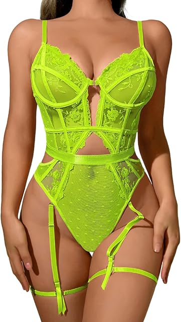 Floral Embroidered, Underwire, Removable Garter, Thigh Straps, Backless Bodysuit