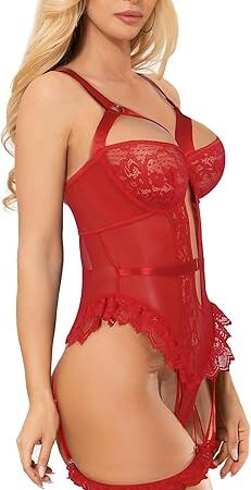 Womens Sexy Lace Lingerie Set Mesh Babydoll Plus Size Ruffles Teddy Bodysuit with Thigh Garter