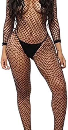 Women's Sexy Mesh BodyStocking Fishnet Lingerie Long Sleeve Bodysuits One Piece Jumpsuit Underwear Nightwear (Black)