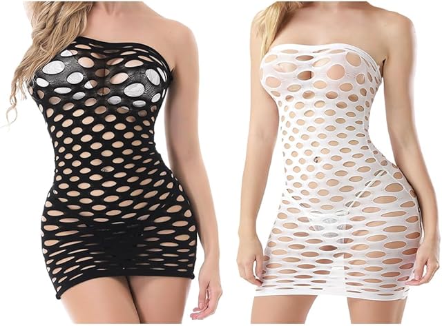 2Pcs Black White Seductive Ripped Fishnet Bodycon Dress Alluring Hollow Out Tube Style for Ultra-Sexy Womens Lingerie Underwear