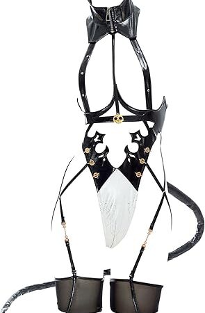 Game Derivative Cosplay Costume Women Sexy Lingerie Bodysuit Black Devil Cutout Combat Robot Outfit with Tail