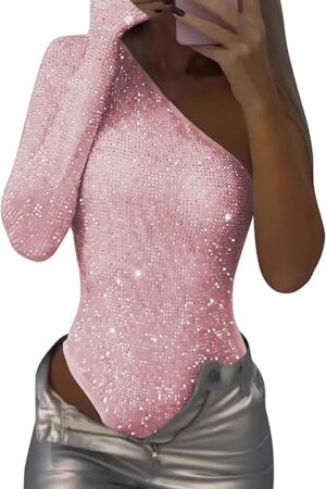 Women's One Shoulder Sequin Tops Bodysuits Country Concert Outfits for Women Sparkly Shirts Sexy Womens Sparkle Top