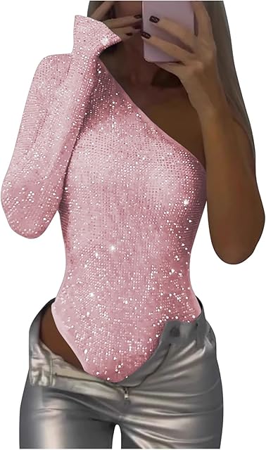 Women's One Shoulder Sequin Tops Bodysuits Country Concert Outfits for Women Sparkly Shirts Sexy Womens Sparkle Top