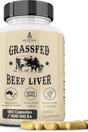 Ancestral Supplements Grass Fed Beef Liver 180 Capsules, Supports Energy Production, Detoxification, Digestion, Immunity and Full Body Wellness, Non-GMO, Freeze Dried Liver Health Supplement