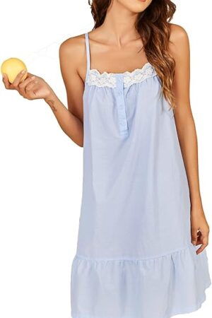 Women's 100% Cotton Lace Nightgown Sleeveless Sleep Dress Victorian Sleepshirt Button Strap Gown