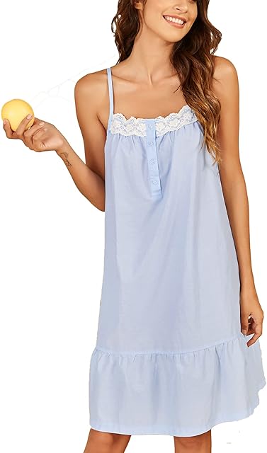 Women's 100% Cotton Lace Nightgown Sleeveless Sleep Dress Victorian Sleepshirt Button Strap Gown