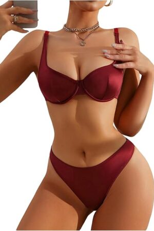 Women's 2 Piece Satin Lingerie Set V Neck Underwire Bra and Panty Sets