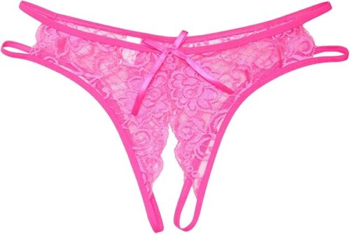 YOLAI Women's Sexy Lace G-Strings Thongs Underpants Open Gusset Panties Low Waist Briefs Erotic Underwear Fashion (Hot Pink, One Size)