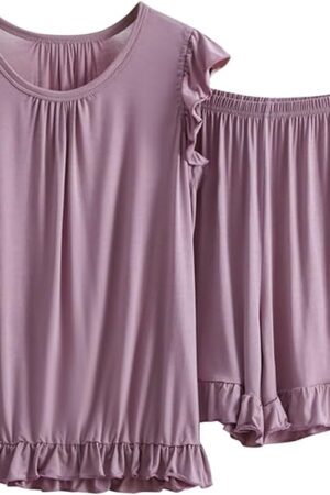 Women Plus Size Pajamas Sets Loungewear Soft Sleepwear Two Piece Summer Ruffle Sleeve Pjs Tank Top Shorts Lounge Set