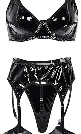 Women's Exotic Lingerie Sets Lacquer Leather Black PU Leather Sexy Hollow Out Sexy Bra and Panty Sets for Women