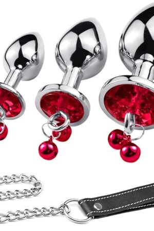 Anal Plug Trainer Kit, 3 PCS Metal Anal Butt Plugs, Jewelry Anal Trainer Sex Toys with Bell and Traction Chain for Beginners Advanced Users (Red)
