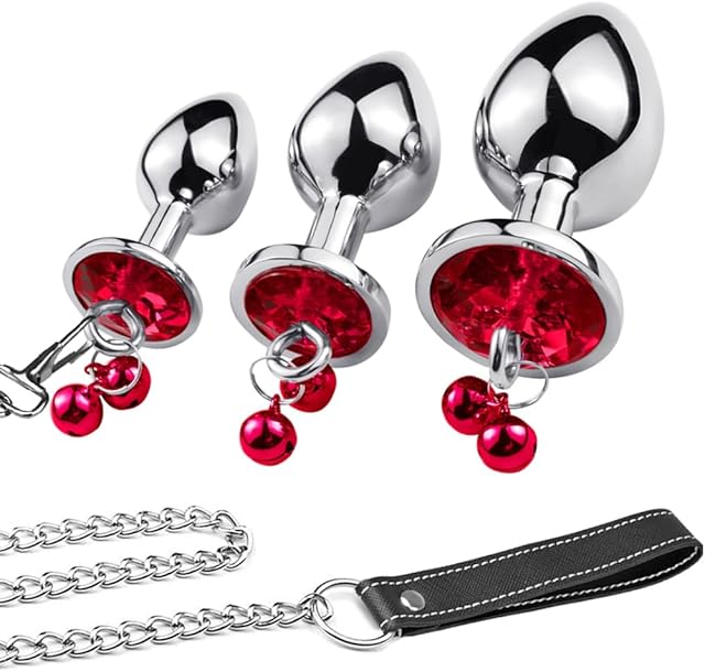 Anal Plug Trainer Kit, 3 PCS Metal Anal Butt Plugs, Jewelry Anal Trainer Sex Toys with Bell and Traction Chain for Beginners Advanced Users (Red)