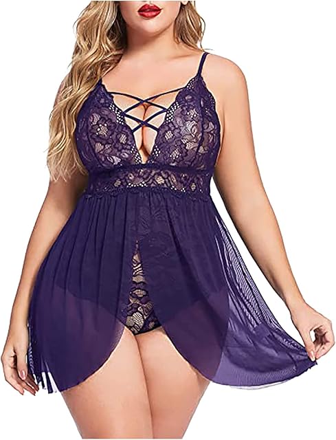 Womens Plus Size Babydoll Lingerie Lace Chemise Sexy Mesh Sleepwear Deep V Teddy Nightdress for Sexy Naughty Play