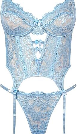 Women Sexy Lingerie Set with Garter Belt Lace Bodysuit Teddy with Panty