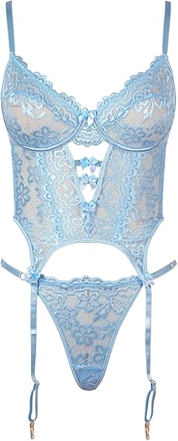 Women Sexy Lingerie Set with Garter Belt Lace Bodysuit Teddy with Panty