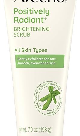 Aveeno Positively Radiant Brightening Face Scrub & Exfoliating Daily Face Wash, Moisture-Rich Soy Extract, Oil-Free, Soap-Free, Hypoallergenic, Non-Comedogenic, Improves Tone & Texture, 7 oz