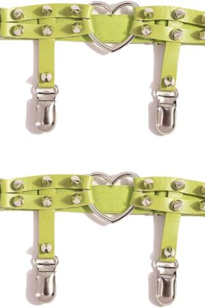 Women Girl Leather Garters Sexy Heart Leg Ring Elastic Garter Belt Punk Rock Rivet Stud Anti-Slip Clips 2pcs