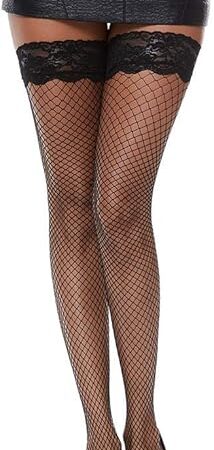 Women's Fishnet Thigh High Stockings with Silicone Lace Top 1 Pairs
