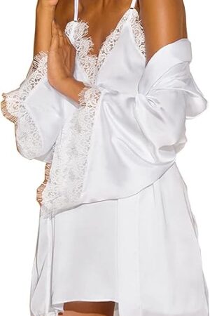 Women's Pajama Set Sexy Lingerie 2-Piece Pj Nightgown Sets Satin Floral Lace Trim Camisole Slip Dress Sleepwear