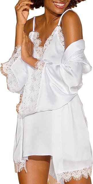 Women's Pajama Set Sexy Lingerie 2-Piece Pj Nightgown Sets Satin Floral Lace Trim Camisole Slip Dress Sleepwear