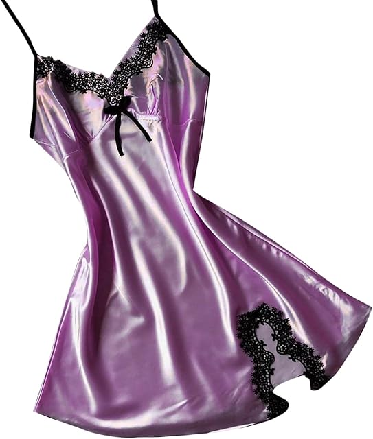 Women's Satin Silk Cami Nightgown Spaghetti Straps Sexy Lace Trim Slit Hem Pajamas Babydoll Chemise Nighty Lingerie