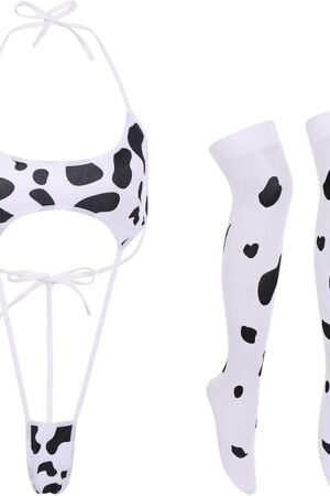Women Dalmatian Milk Cow Cosplay Costume Sling Shot Halter Lingerie Babydoll Mini Teddy Bodysuit G String Stockings