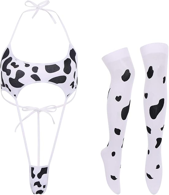 Women Dalmatian Milk Cow Cosplay Costume Sling Shot Halter Lingerie Babydoll Mini Teddy Bodysuit G String Stockings