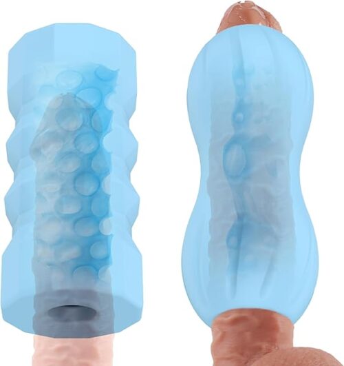 【2 Packs】 Manual Male Masturbator, Male Stroker Pocket Pussy Sex Toys for Men, Double Opening & One-Head Opening Stretchy Male Stroker with 3D Textured Vagina, Realistic Adult Toy for Men,Jelly Blue