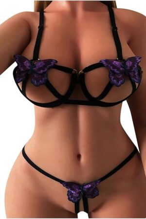 Women's Exotic Apparel Women's Two Piece Underwire Lingerie Set Bow Knot Cut Out Halter Bra and Panty Sleepwear